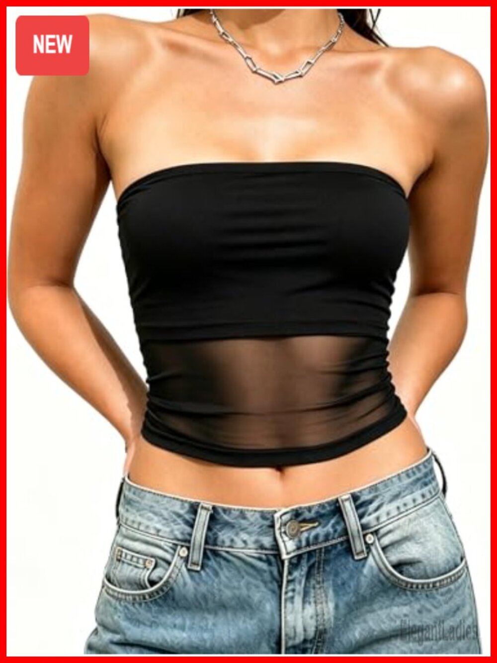 Women's Strapless Mesh Bandeau Crop Top Sexy Slim Fit Clubwear